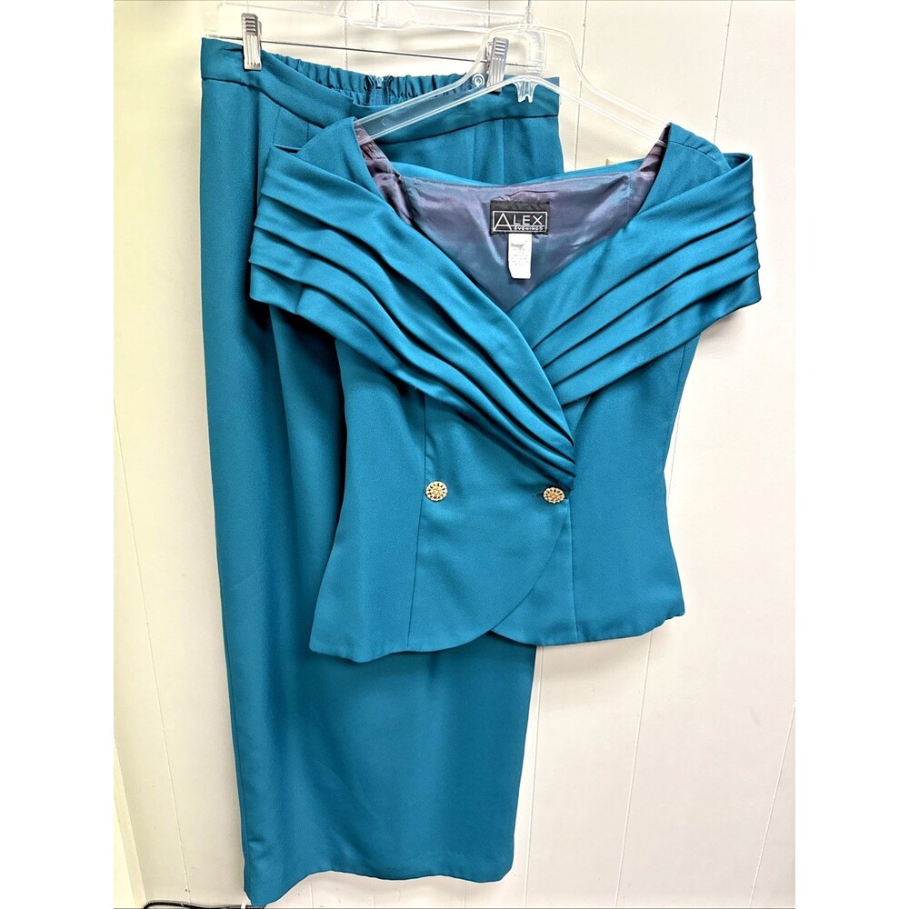 Alex Evenings 14 Teal formal Long skirt Off Shoulder suit Rhinestone Clasp